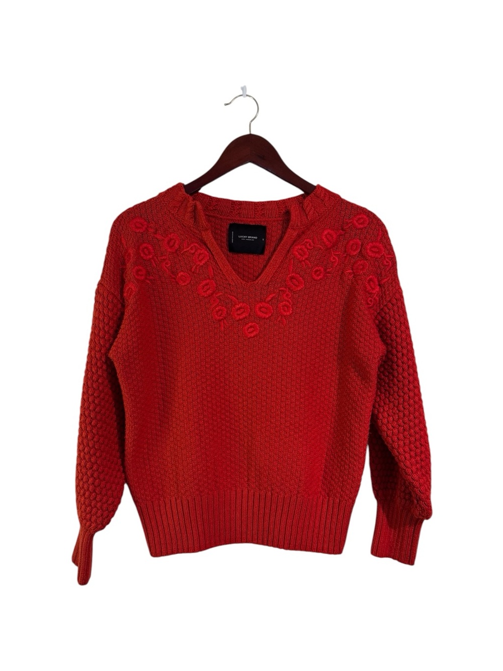Lucky Brand Red Floral Embroidered Knit Sweater Small Boho Cottagecore V-Neck